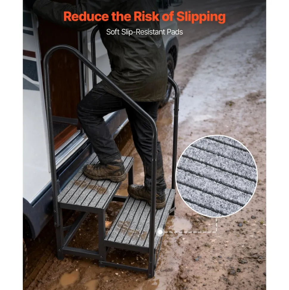 VEVOR RV Steps with Dual Handrails, 2 Steps, 660 lbs Load Capacity, Heavy Duty Outdoor RV Stairs with Non-Slip Mat for Elderly/Pets, Portable Stairs for Hot Tub, Camper, Mobile Home, Porch, Pool, SPA