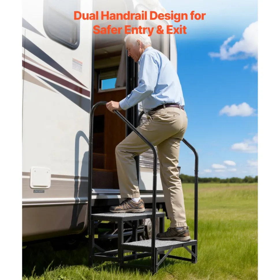 VEVOR RV Steps with Dual Handrails, 2 Steps, 660 lbs Load Capacity, Heavy Duty Outdoor RV Stairs with Non-Slip Mat for Elderly/Pets, Portable Stairs for Hot Tub, Camper, Mobile Home, Porch, Pool, SPA