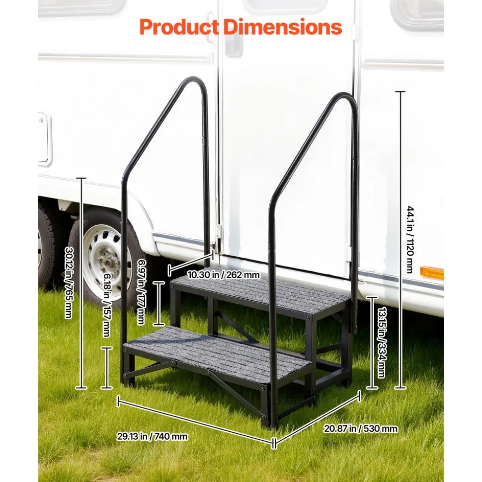 VEVOR RV Steps with Dual Handrails, 2 Steps, 660 lbs Load Capacity, Heavy Duty Outdoor RV Stairs with Non-Slip Mat for Elderly/Pets, Portable Stairs for Hot Tub, Camper, Mobile Home, Porch, Pool, SPA