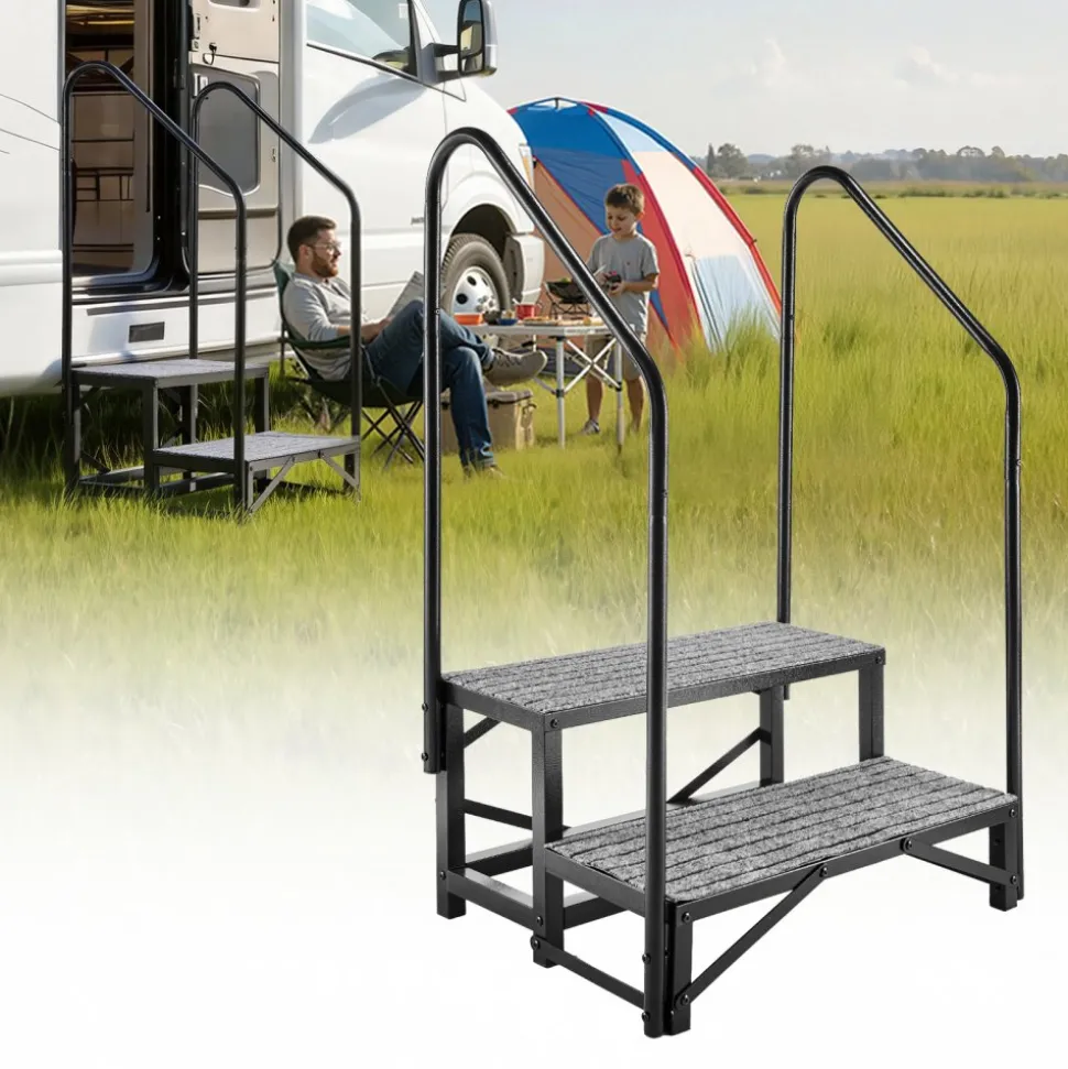 VEVOR RV Steps with Dual Handrails, 2 Steps, 660 lbs Load Capacity, Heavy Duty Outdoor RV Stairs with Non-Slip Mat for Elderly/Pets, Portable Stairs for Hot Tub, Camper, Mobile Home, Porch, Pool, SPA