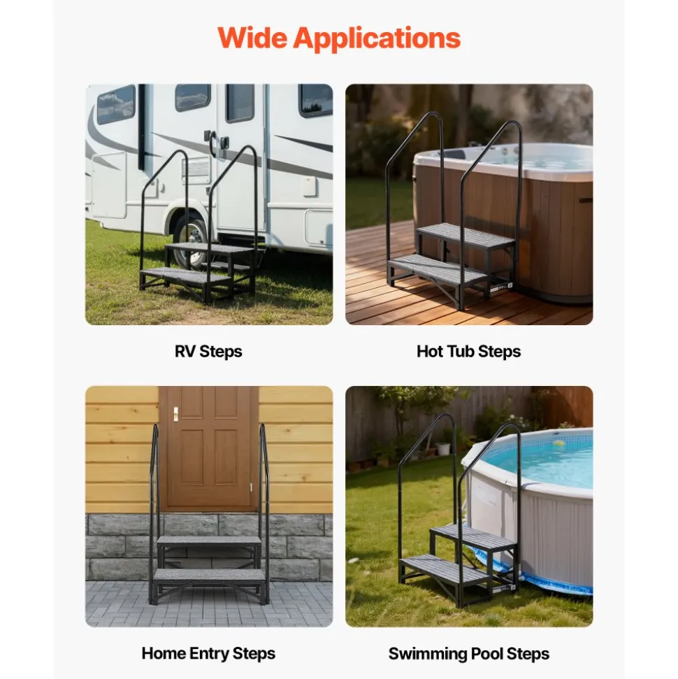 VEVOR RV Steps with Dual Handrails, 2 Steps, 660 lbs Load Capacity, Heavy Duty Outdoor RV Stairs with Non-Slip Mat for Elderly/Pets, Portable Stairs for Hot Tub, Camper, Mobile Home, Porch, Pool, SPA