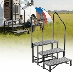 VEVOR RV Steps with Dual Handrails, 3 Steps, 660 lbs Load Capacity, Heavy Duty Outdoor RV Stairs with Non-Slip Mat for Elderly/Pets, Portable Stairs for Hot Tub, Camper, Mobile Home, Porch, Pool, SPA