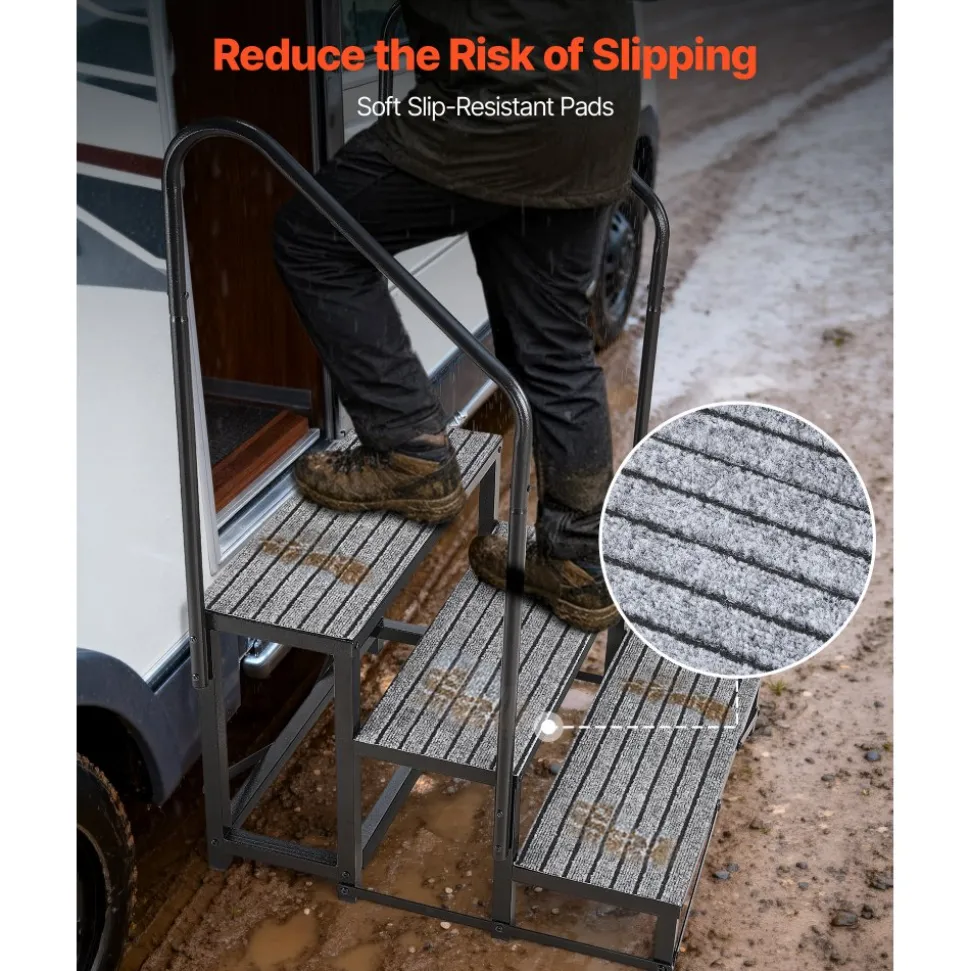 VEVOR RV Steps with Dual Handrails, 3 Steps, 660 lbs Load Capacity, Heavy Duty Outdoor RV Stairs with Non-Slip Mat for Elderly/Pets, Portable Stairs for Hot Tub, Camper, Mobile Home, Porch, Pool, SPA