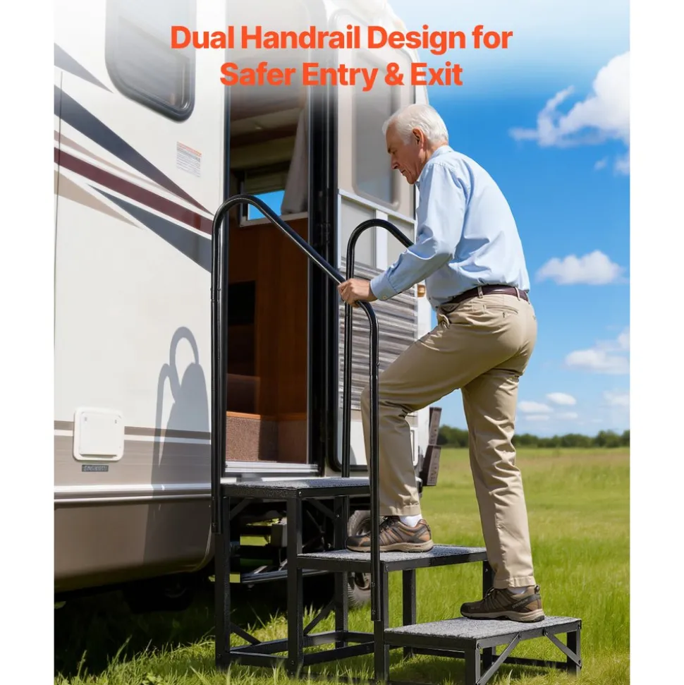VEVOR RV Steps with Dual Handrails, 3 Steps, 660 lbs Load Capacity, Heavy Duty Outdoor RV Stairs with Non-Slip Mat for Elderly/Pets, Portable Stairs for Hot Tub, Camper, Mobile Home, Porch, Pool, SPA