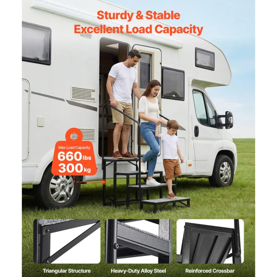 VEVOR RV Steps with Dual Handrails, 4 Steps, 660 lbs Load Capacity, Heavy Duty Outdoor RV Stairs with Non-Slip Mat for Elderly/Pets, Portable Stairs for Hot Tub, Camper, Mobile Home, Porch, Pool, SPA