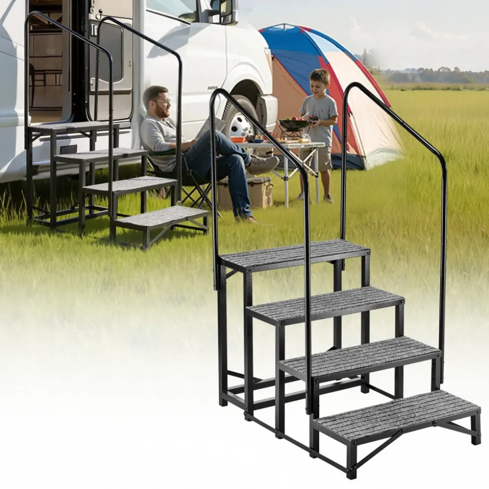VEVOR RV Steps with Dual Handrails, 4 Steps, 660 lbs Load Capacity, Heavy Duty Outdoor RV Stairs with Non-Slip Mat for Elderly/Pets, Portable Stairs for Hot Tub, Camper, Mobile Home, Porch, Pool, SPA