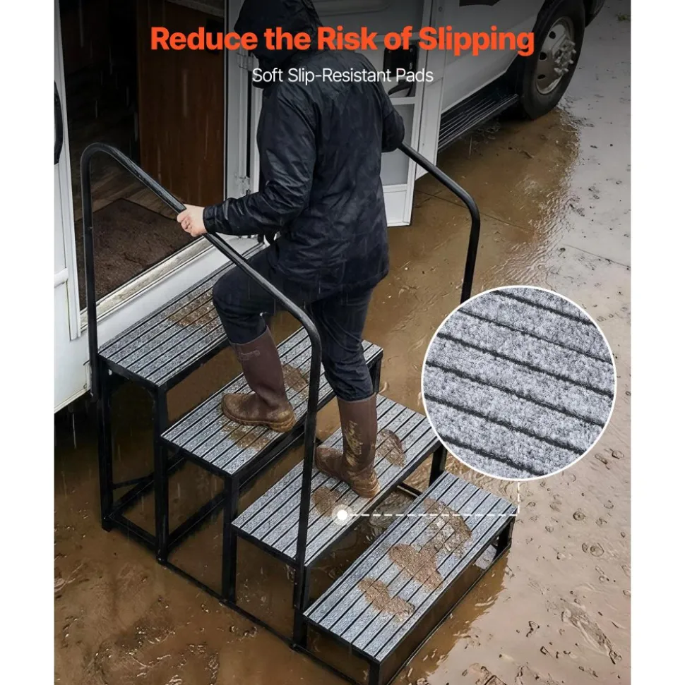 VEVOR RV Steps with Dual Handrails, 4 Steps, 660 lbs Load Capacity, Heavy Duty Outdoor RV Stairs with Non-Slip Mat for Elderly/Pets, Portable Stairs for Hot Tub, Camper, Mobile Home, Porch, Pool, SPA
