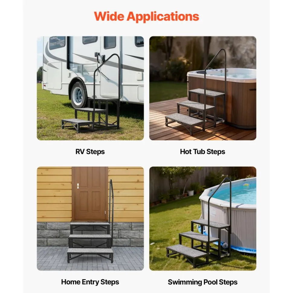 VEVOR RV Steps with Handrail, 3 Steps, 660 lbs Load Capacity, Heavy Duty Outdoor RV Stairs with Non-Slip Mat for Elderly and Pets, Portable Stairs for Hot Tub, Camper, Mobile Home, Porch, Pool, SPA