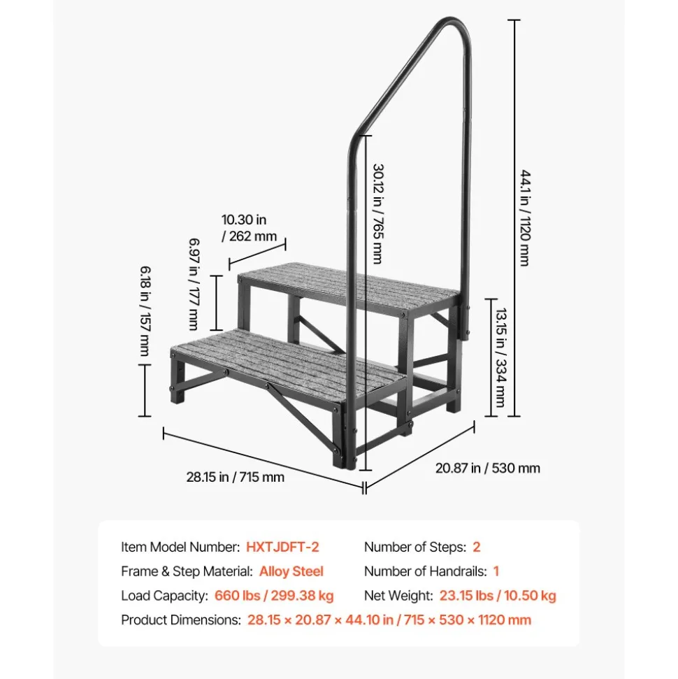 VEVOR RV Steps with Handrail, 2 Steps, 660 lbs Load Capacity, Heavy Duty Outdoor RV Stairs with Non-Slip Mat for Elderly and Pets, Portable Stairs for Hot Tub, Camper, Mobile Home, Porch, Pool, SPA