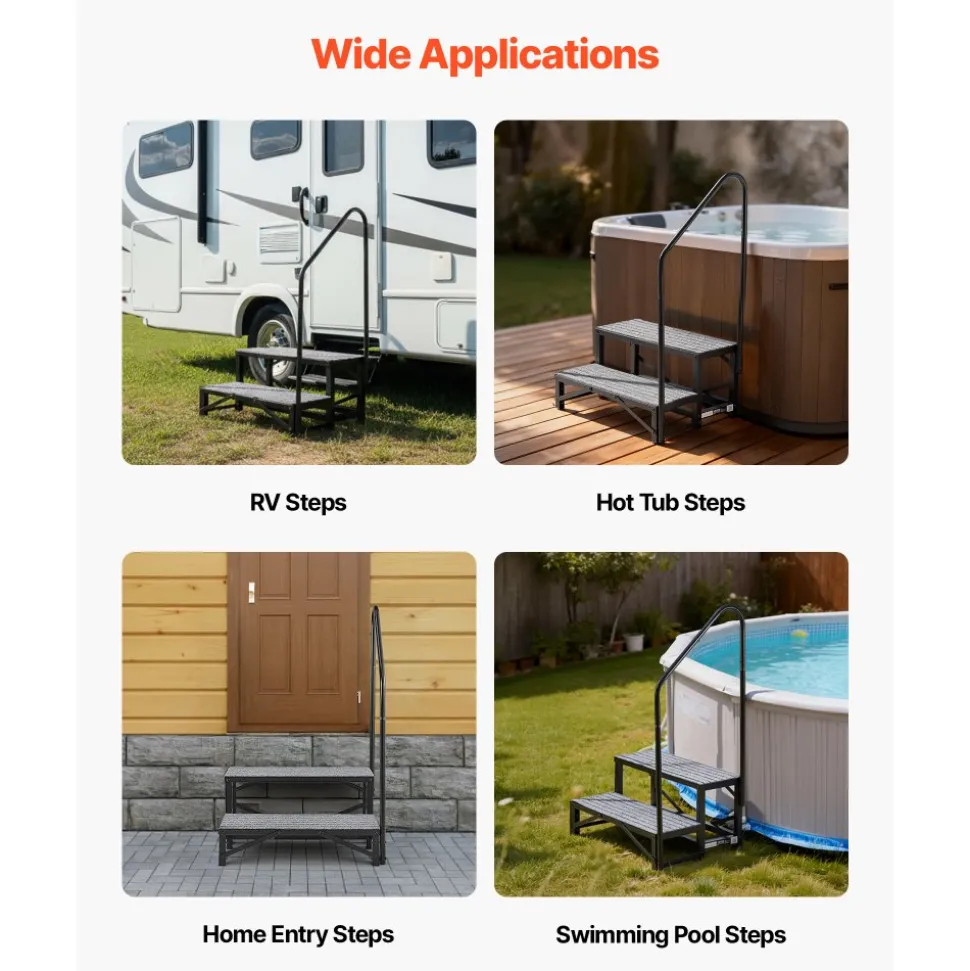 VEVOR RV Steps with Handrail, 2 Steps, 660 lbs Load Capacity, Heavy Duty Outdoor RV Stairs with Non-Slip Mat for Elderly and Pets, Portable Stairs for Hot Tub, Camper, Mobile Home, Porch, Pool, SPA