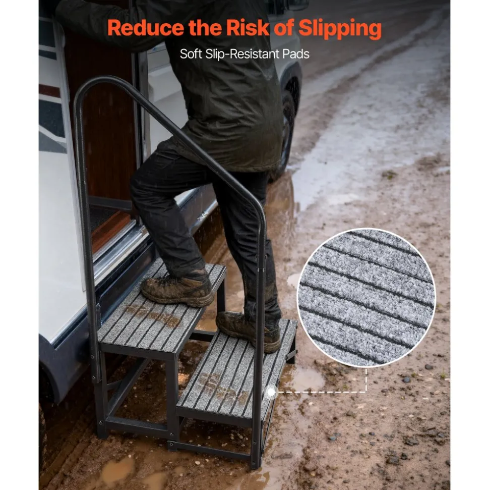 VEVOR RV Steps with Handrail, 2 Steps, 660 lbs Load Capacity, Heavy Duty Outdoor RV Stairs with Non-Slip Mat for Elderly and Pets, Portable Stairs for Hot Tub, Camper, Mobile Home, Porch, Pool, SPA