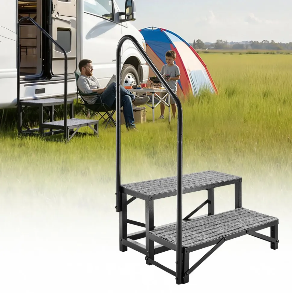 VEVOR RV Steps with Handrail, 2 Steps, 660 lbs Load Capacity, Heavy Duty Outdoor RV Stairs with Non-Slip Mat for Elderly and Pets, Portable Stairs for Hot Tub, Camper, Mobile Home, Porch, Pool, SPA