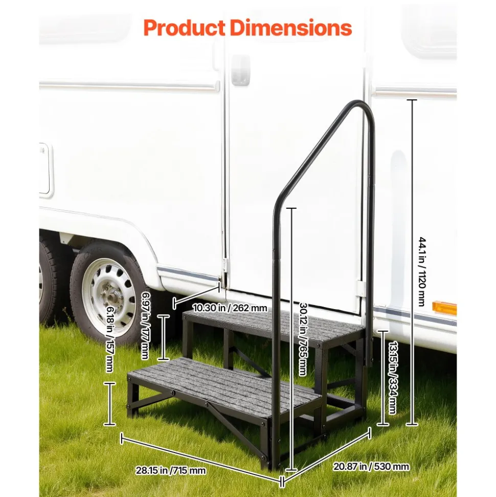 VEVOR RV Steps with Handrail, 2 Steps, 660 lbs Load Capacity, Heavy Duty Outdoor RV Stairs with Non-Slip Mat for Elderly and Pets, Portable Stairs for Hot Tub, Camper, Mobile Home, Porch, Pool, SPA