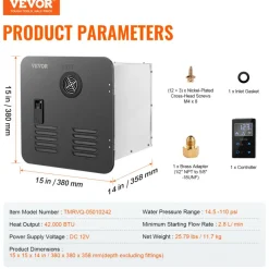 VEVOR RV Tankless Water Heater, Instant Shower with 15 x 15 inches Black Door and Remote Controller, 42000BTU Optimized Comfort Performance Hot Water, Ideal for RVers' Family Everyday Use, Black