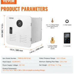 VEVOR RV Tankless Water Heater, Instant Shower with 15 x 15 inches White Door and Remote Controller, 42000BTU Optimized Comfort Performance  Propane Hot Water Heater, for RVers' Family Use, White
