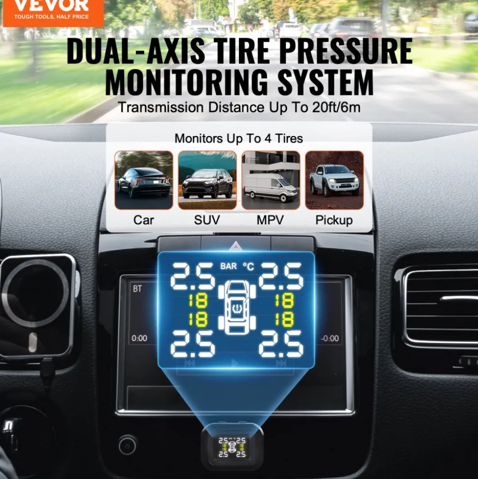 VEVOR RV Tire Pressure Monitoring System, 7.3-87 PSI Trailer TPMS, Universal Wireless Car Alarm System, Waterproof TPMS Sensors Set with 4 Sensors, 5 Alarm Modes, Real-time Display, Easy to Install