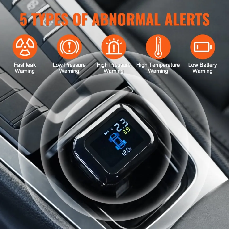 VEVOR RV Tire Pressure Monitoring System, 7.3-87 PSI Trailer TPMS, Universal Wireless Car Alarm System, Waterproof TPMS Sensors Set with 4 Sensors, 5 Alarm Modes, Real-time Display, Easy to Install