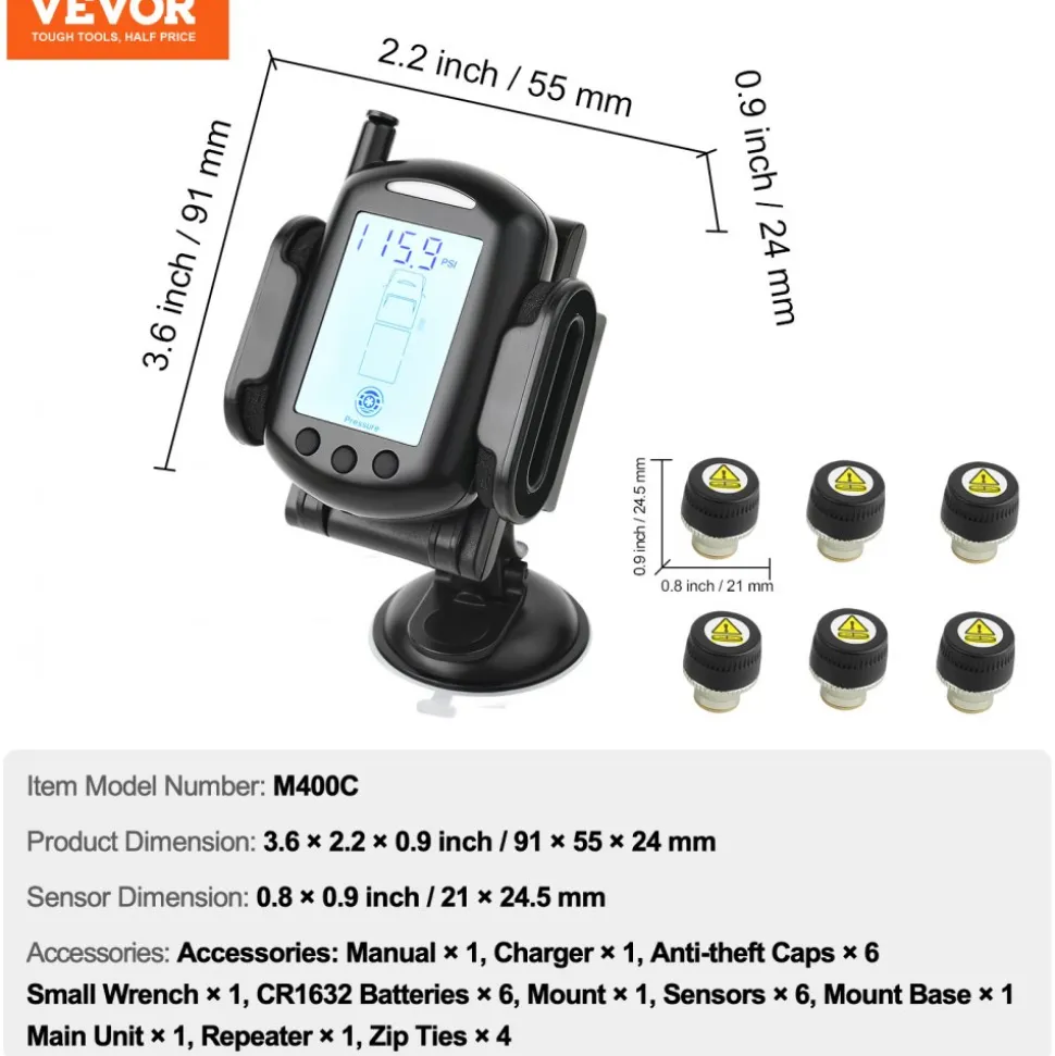 VEVOR RV Tire Pressure Monitoring System, 0-199 PSI Trailer TPMS, Universal Wireless Car Alarm System, Waterproof TPMS Sensors Set with 6 Sensors, 7 Alarm Modes, Real-time Display, Easy to Install