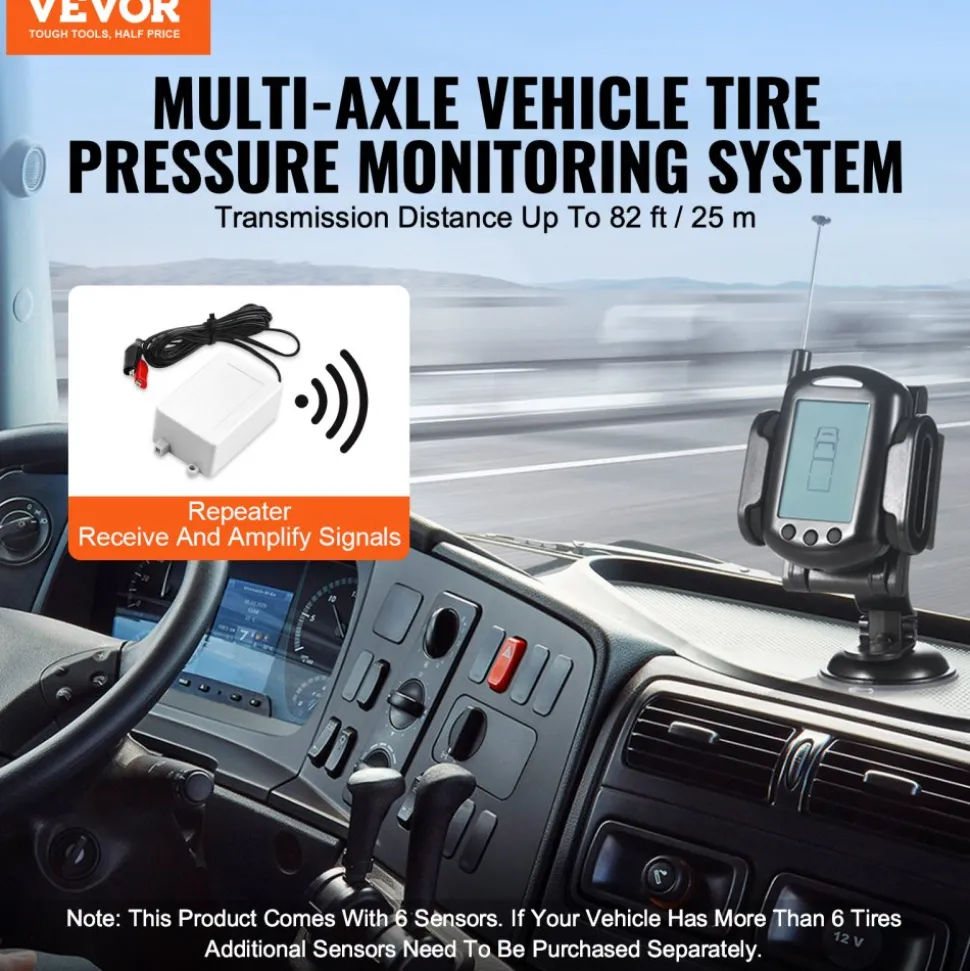 VEVOR RV Tire Pressure Monitoring System, 0-199 PSI Trailer TPMS, Universal Wireless Car Alarm System, Waterproof TPMS Sensors Set with 6 Sensors, 7 Alarm Modes, Real-time Display, Easy to Install