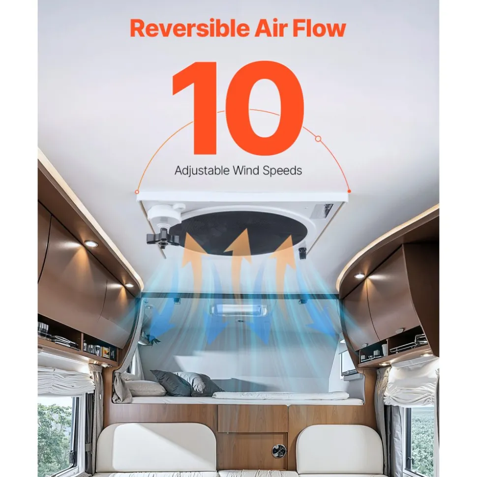 VEVOR RV Vent Fan, 14 inch RV Roof Vent Fan 12V, Powerful 10-Speed Reversible Fan with Remote Control, Built-in DC Motor, Power Top Lid,12 inch Fan Blade,Fits 14 x14 inch Roof Openings