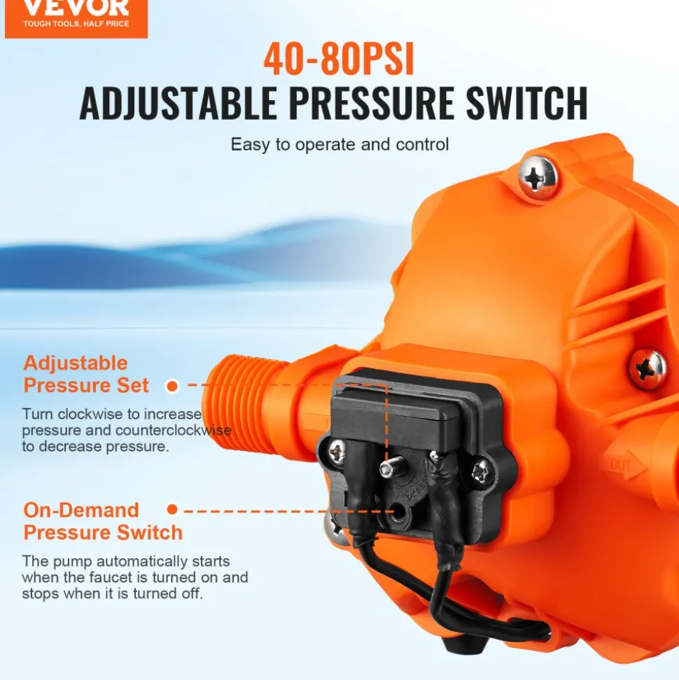 VEVOR RV Water Pressure Diaphragm Pump 3Chambers 110V 3.3GPM 45PSI Adjustable Presssure Fresh Water Pump, Self Priming Sprayer Pump for RV Camper Marine Boat Lawn