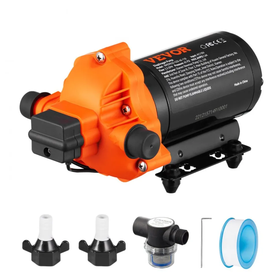 VEVOR RV Water Pressure Diaphragm Pump 3Chambers 110V 3.3GPM 45PSI Adjustable Presssure Fresh Water Pump, Self Priming Sprayer Pump for RV Camper Marine Boat Lawn