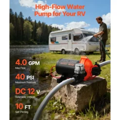 VEVOR RV Water Pump, 12V DC 4 GPM (15.1 L/min), 3-Chamber Self-Priming Diaphragm Water Pump with Automatic Pressure Switch, 40 PSI Max Pressure, On Demand for RV, Caravan, Marine, Yacht, Car Washing