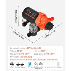 VEVOR RV Water Pump, 12V DC 4 GPM (15.1 L/min), 3-Chamber Self-Priming Diaphragm Water Pump with Automatic Pressure Switch, 40 PSI Max Pressure, On Demand for RV, Caravan, Marine, Yacht, Car Washing