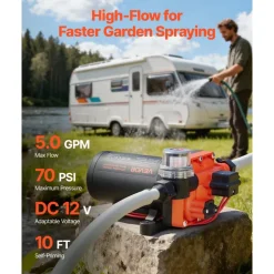 VEVOR RV Water Pump, 12V DC 5 GPM (18.9 L/min), 4-Chamber Self-Priming Diaphragm Water Pump with Automatic Pressure Switch, 70 PSI Max Pressure, On Demand for RV, Caravan, Marine, Yacht, Car Washing