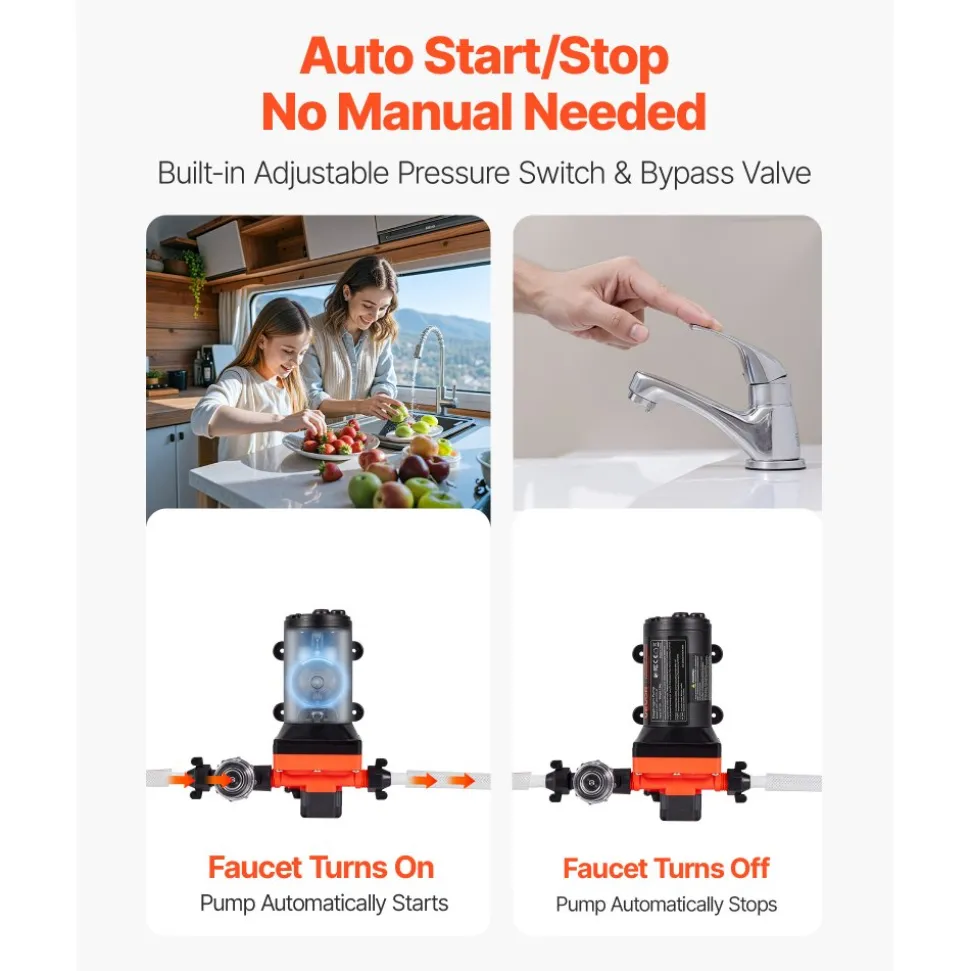 VEVOR RV Water Pump, 12V DC 5 GPM (18.9 L/min), 4-Chamber Self-Priming Diaphragm Water Pump with Automatic Pressure Switch, 70 PSI Max Pressure, On Demand for RV, Caravan, Marine, Yacht, Car Washing