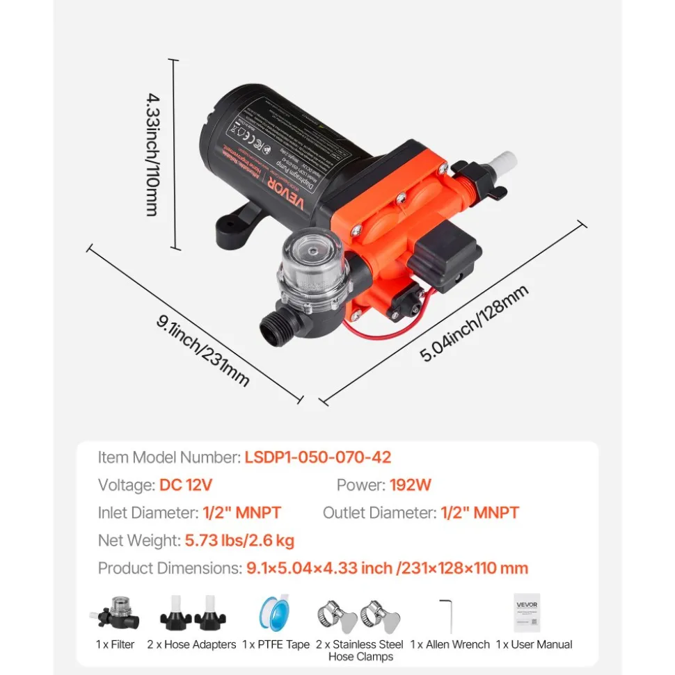 VEVOR RV Water Pump, 12V DC 5 GPM (18.9 L/min), 4-Chamber Self-Priming Diaphragm Water Pump with Automatic Pressure Switch, 70 PSI Max Pressure, On Demand for RV, Caravan, Marine, Yacht, Car Washing