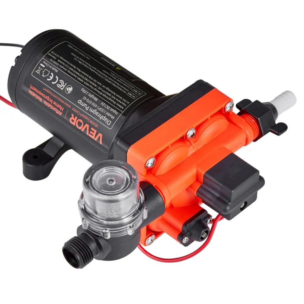VEVOR RV Water Pump, 12V DC 5 GPM (18.9 L/min), 4-Chamber Self-Priming Diaphragm Water Pump with Automatic Pressure Switch, 70 PSI Max Pressure, On Demand for RV, Caravan, Marine, Yacht, Car Washing