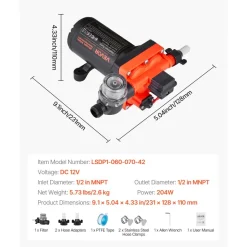 VEVOR RV Water Pump, 12V DC 6 GPM (22.7 L/min), 4-Chamber Self-Priming Diaphragm Water Pump with Automatic Pressure Switch, 70 PSI Max Pressure, On Demand for RV, Caravan, Marine, Yacht, Car Washing