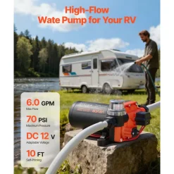 VEVOR RV Water Pump, 12V DC 6 GPM (22.7 L/min), 4-Chamber Self-Priming Diaphragm Water Pump with Automatic Pressure Switch, 70 PSI Max Pressure, On Demand for RV, Caravan, Marine, Yacht, Car Washing
