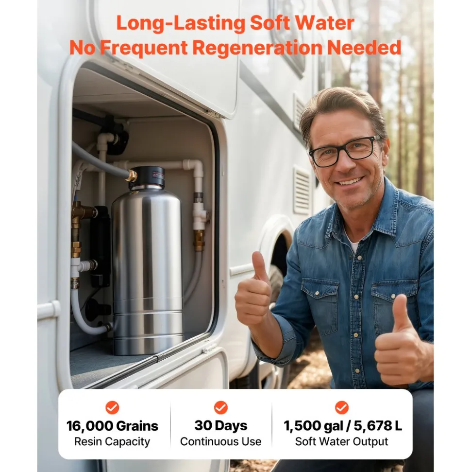 VEVOR RV Water Softener, 16,000 Grain, Portable Water Softener with NPT 3/4" Fittings, Food-Grade Resin, Stainless Steel, Quick Connect, for RVs, Trailers, Boats, Mobile Car Washing, Pressure Washing