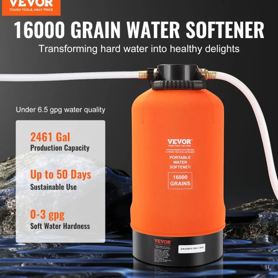 VEVOR RV Water Softener, 16,000 Grain Portable Water Softener, with 3/4" Brass Fittings and 42" Hose, Soften Hard Water Filter System for RVs, Trailers, Boats, Mobile Car Washing, Pressure Washing