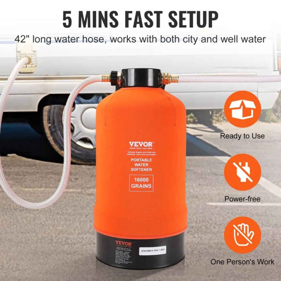 VEVOR RV Water Softener, 16,000 Grain Portable Water Softener, with 3/4" Brass Fittings and 42" Hose, Soften Hard Water Filter System for RVs, Trailers, Boats, Mobile Car Washing, Pressure Washing