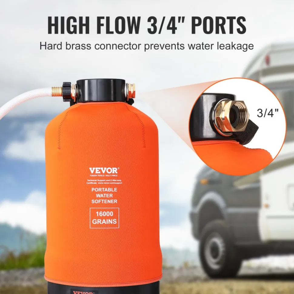 VEVOR RV Water Softener, 16,000 Grain Portable Water Softener, with 3/4" Brass Fittings and 42" Hose, Soften Hard Water Filter System for RVs, Trailers, Boats, Mobile Car Washing, Pressure Washing