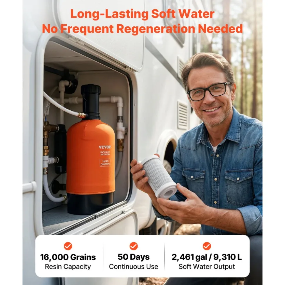 VEVOR RV Water Softener, 16,000 Grain, Portable Water Softener with Filter System, NPT 3/4" Fittings, Food-Grade Resin, Quick Connect, for RVs, Trailers, Boats, Mobile Car Washing, Pressure Washing