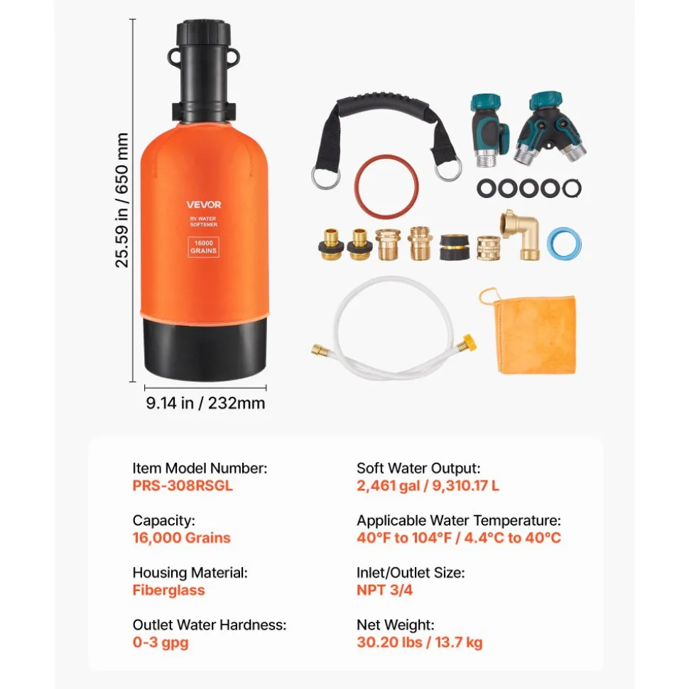 VEVOR RV Water Softener, 16,000 Grain, Portable Water Softener with Filter System, NPT 3/4" Fittings, Food-Grade Resin, Quick Connect, for RVs, Trailers, Boats, Mobile Car Washing, Pressure Washing