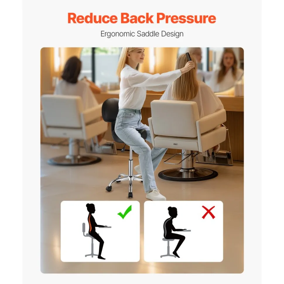 VEVOR Saddle Stool with Back Support and Wheels, 450 LBS Weight Capacity Ergonomic Rolling Stool, Height Adjustable Thickened PU Leather Swivel Saddle Chair for Salon, Spa, Massage, Tattoo, Black