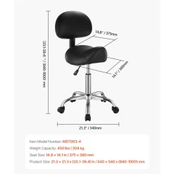 VEVOR Saddle Stool with Back Support and Wheels, 450 LBS Weight Capacity Ergonomic Rolling Stool, Height Adjustable Thickened PU Leather Swivel Saddle Chair for Salon, Spa, Massage, Tattoo, Black