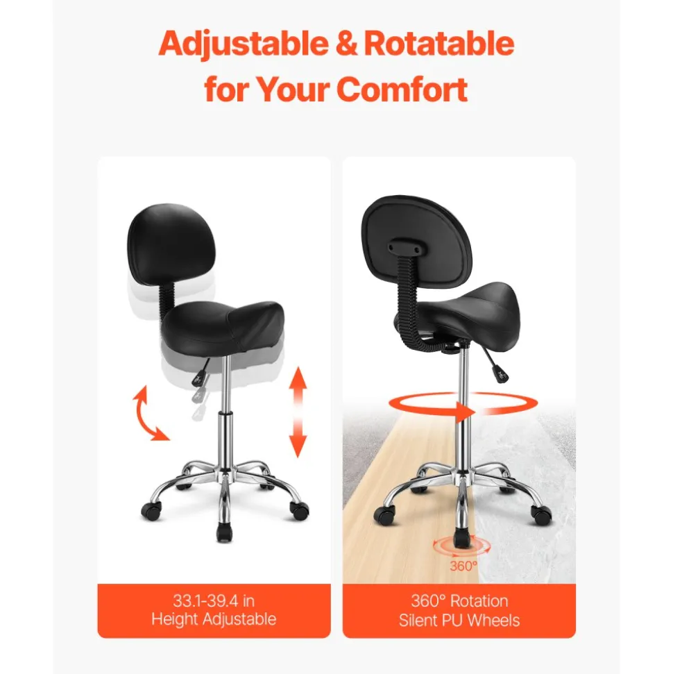 VEVOR Saddle Stool with Back Support and Wheels, 450 LBS Weight Capacity Ergonomic Rolling Stool, Height Adjustable Thickened PU Leather Swivel Saddle Chair for Salon, Spa, Massage, Tattoo, Black