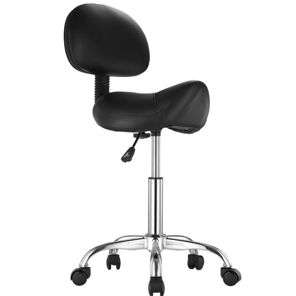 VEVOR Saddle Stool with Back Support and Wheels, 450 LBS Weight Capacity Ergonomic Rolling Stool, Height Adjustable Thickened PU Leather Swivel Saddle Chair for Salon, Spa, Massage, Tattoo, Black