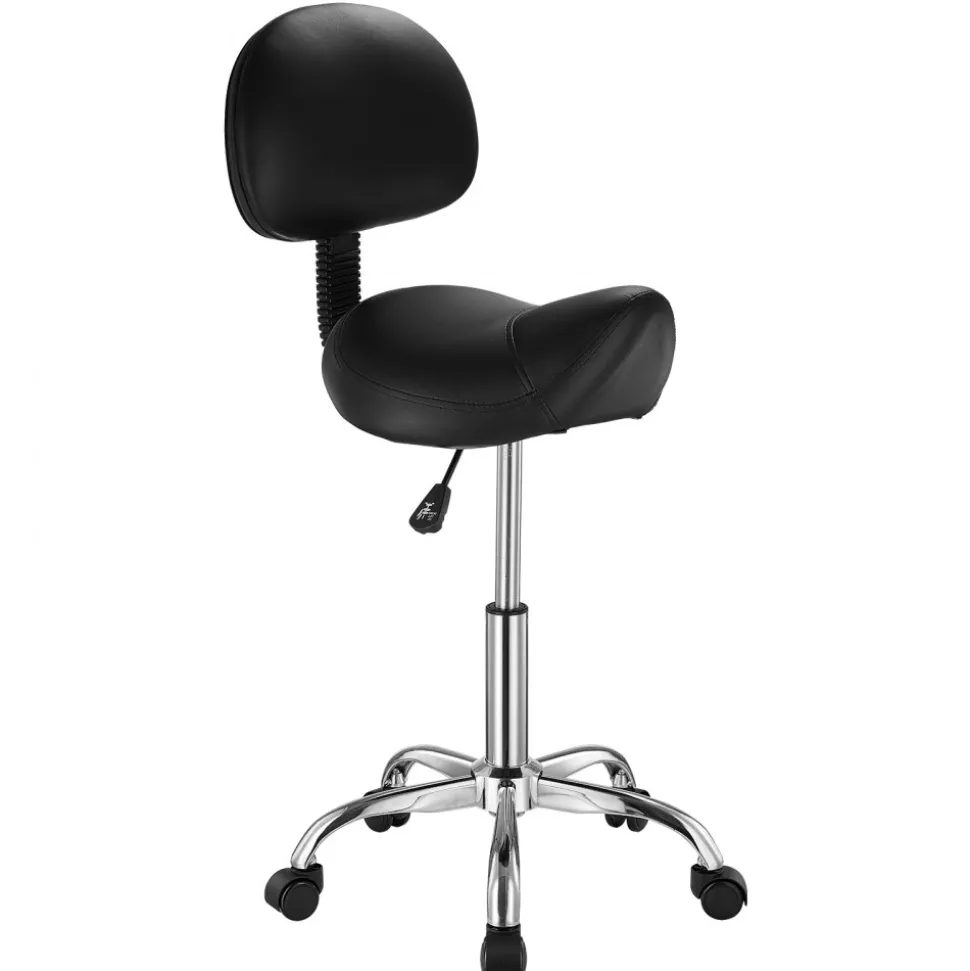 VEVOR Saddle Stool with Back Support and Wheels, 450 LBS Weight Capacity Ergonomic Rolling Stool, Height Adjustable Thickened PU Leather Swivel Saddle Chair for Salon, Spa, Massage, Tattoo, Black