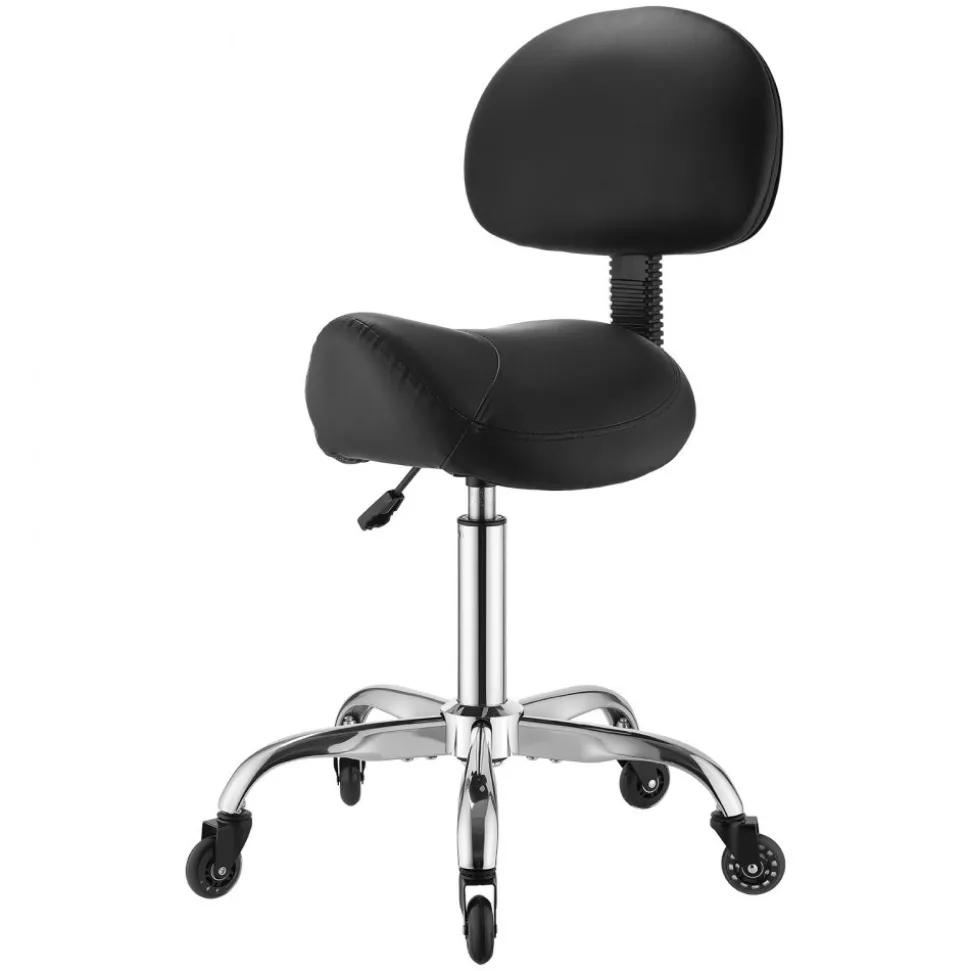 VEVOR Saddle Stool with Back Support, 500 lbs Weight Capacity, Height Adjustable, Quiet Casters, Ergonomic PU Leather Seat, 360° Swivel Saddle Stool Rolling Chair for Salon, Spa, Bar, Medical, Black