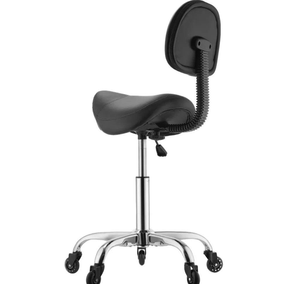 VEVOR Saddle Stool with Back Support, 500 lbs Weight Capacity, Height Adjustable, Quiet Casters, Ergonomic PU Leather Seat, 360° Swivel Saddle Stool Rolling Chair for Salon, Spa, Bar, Medical, Black