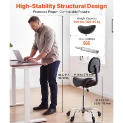 VEVOR Saddle Stool with Back Support, 500 lbs Weight Capacity, Height Adjustable, Quiet Casters, Ergonomic PU Leather Seat, 360° Swivel Saddle Stool Rolling Chair for Salon, Spa, Bar, Medical, Black