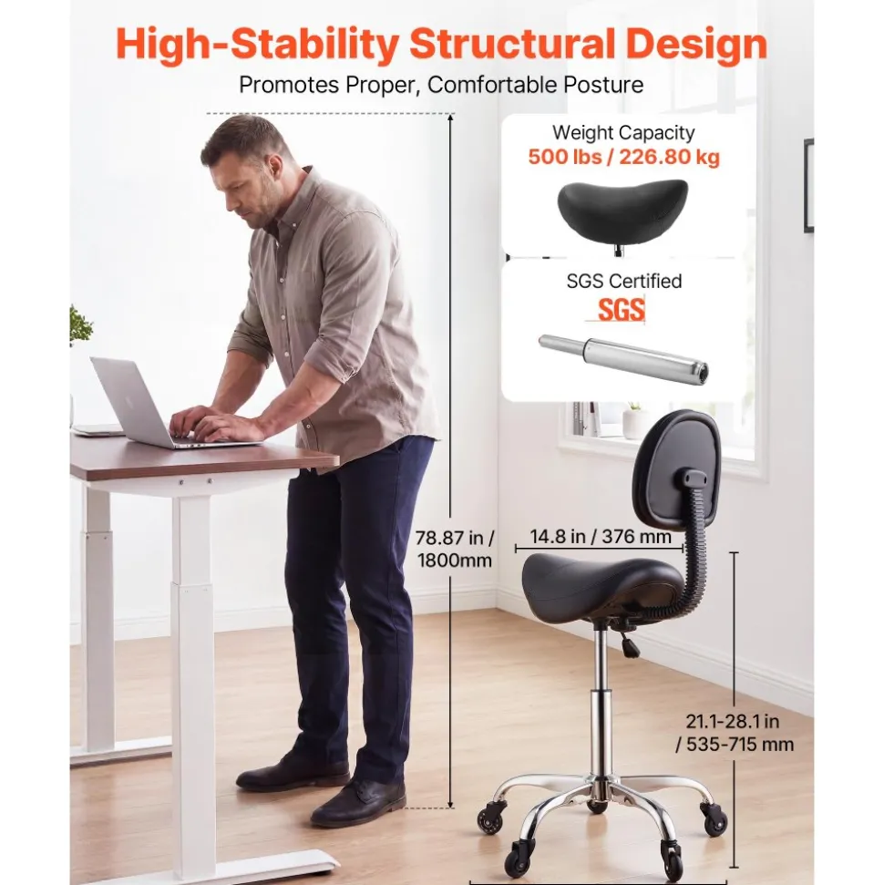 VEVOR Saddle Stool with Back Support, 500 lbs Weight Capacity, Height Adjustable, Quiet Casters, Ergonomic PU Leather Seat, 360° Swivel Saddle Stool Rolling Chair for Salon, Spa, Bar, Medical, Black