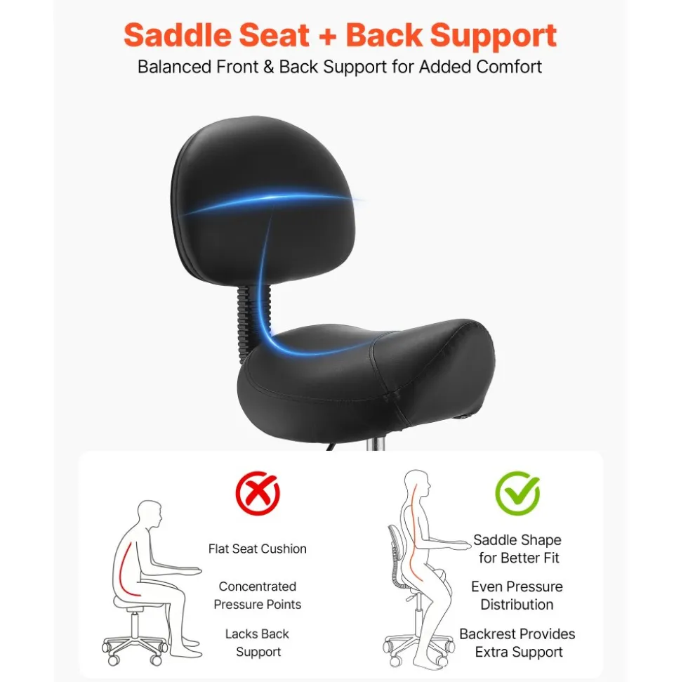 VEVOR Saddle Stool with Back Support Footrest, 500 lbs Weight Capacity, Height Adjustable, Quiet Casters, PU Leather Seat, 360° Swivel Saddle Stool Rolling Chair for Salon, Spa, Bar, Medical, Black